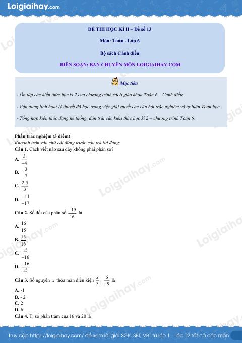 Đề thi học kì 2 Toán 6 - Đề số 13 - Cánh diều